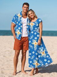 Tropical Leaf Hibiscus Flower Print Matching Hawaii Beach Outfit For Couples -  