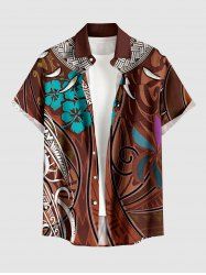 Plus Size Hibiscus Flower Ethnic Pattern Print Hawaii Button Pocket Shirt For Men -  
