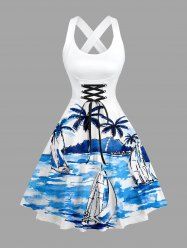 Robe débardeur hawaïenne à imprimé cocotier, paysage marin, voilier et montagne, lacets croisés - Pers M
