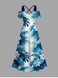 Flowers Tropical Leaf Print Cold Shoulder Crisscross Hawaii Maxi Dress -  