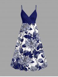 Flowers Leaf Print Surplice Hawaii Cami Dress -  