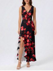 Robe hawaïenne à volants et fente, imprimé fleurs et branches ombré - Rouge Rose XL