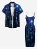Robe ajustée hawaïenne à imprimé 3D étoiles galactiques, franges et paillettes - Bleu de Minuit 4X