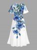 Hibiscus Flowers Leaf Watercolor Print Split Hawaii Midi Dress -  