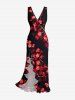 Robe hawaïenne à volants et fente, imprimé fleurs et branches ombré - Rouge Rose XL