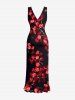 Robe hawaïenne à volants et fente, imprimé fleurs et branches ombré - Rouge Rose XL