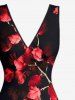 Robe hawaïenne à volants et fente, imprimé fleurs et branches ombré - Rouge Rose XL