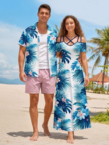 Flowers Tropical Leaf Print Matching Hawaii Beach Outfit For Couples - PEACOCK BLUE