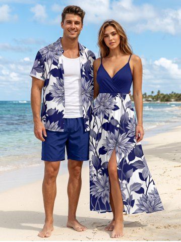 Flowers Leaf Print Matching Hawaii Beach Outfit For Couples - CONCORD