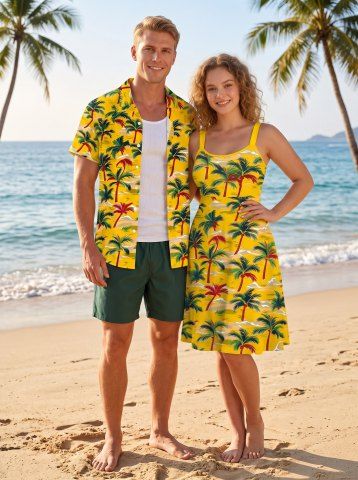 Coconut Tree Print Matching Hawaii Beach Outfit For Couples - DEEP YELLOW