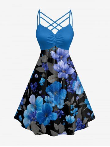 Robe trapèze hawaïenne à imprimé fleurs et feuilles, froncée et à bretelles entrecroisées - BLUE - 2X