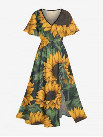 Robe midi fendue hawaïenne à imprimé feuilles de tournesol - DEEP YELLOW - 6X