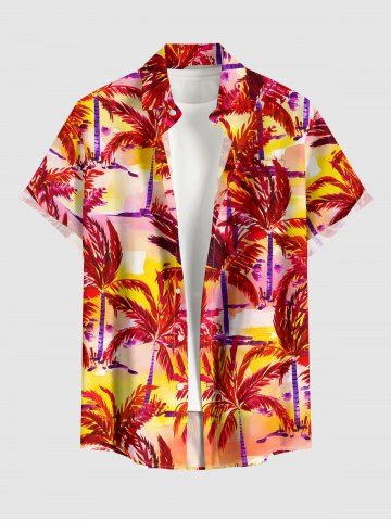 Coconut Tree Colorful Sky Print Buttons Pocket Hawaii Shirt For Men - RED - M