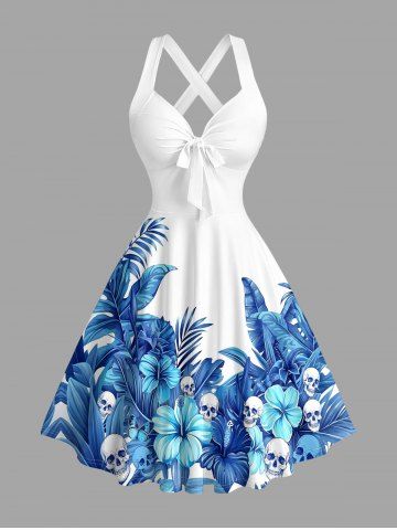 Robe débardeur hawaïenne à imprimé crânes, fleurs et feuilles tropicales, avec bretelles croisées et nœud - BLUE - L
