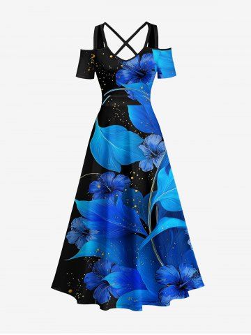 Robe longue hawaïenne à épaules dénudées, imprimé 3D de feuilles et fleurs pailletées, lien croisé - BLUE - L
