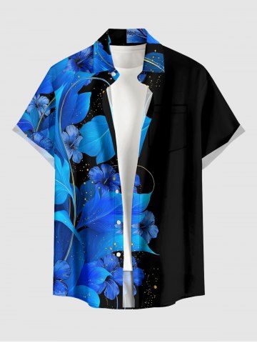 Flowers Leaf Glitter 3D Print Buttons Pocket Hawaii Shirt For Men - BLUE - M