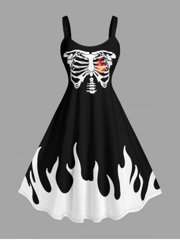 Halloween Skeleton Fire Flame Colorblock Print Tank Dress(Adjustable Shoulder Strap) - BLACK - L