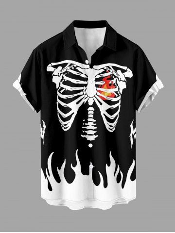 Halloween Skeleton Fire Flame Colorblock Print Buttons Pocket Hawaii Shirt For Men - BLACK - 5XL