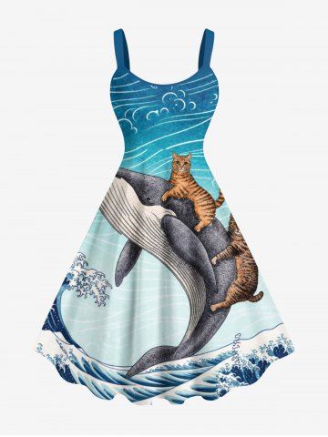 Robe débardeur hawaïenne à imprimé baleine, chat et vagues de mer (bretelles réglables) - LAKE BLUE - M