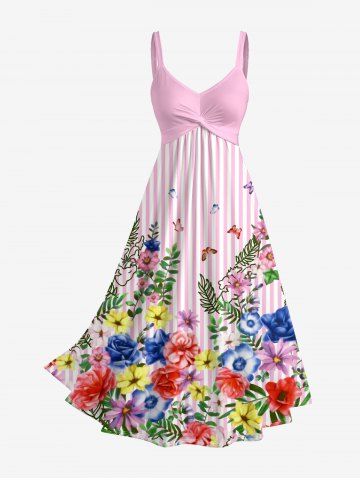 Flowers Leaf Butterfly Stripes Print Twist Hawaii Tank Dress - LIGHT PINK - 6X