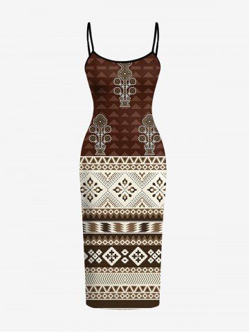 Flowers Zig Zag Ethnic Print Hawaii Fitted Dress - DEEP COFFEE - L