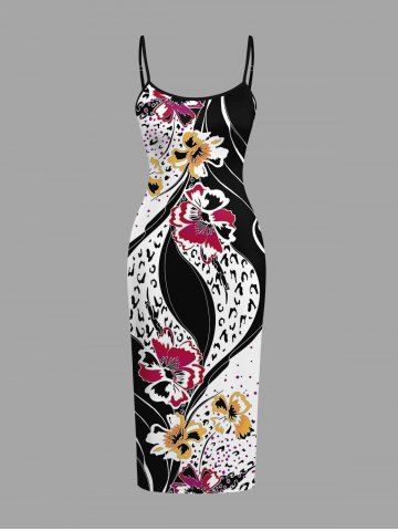 Flowers Leopard Colorblock Print Hawaii Fitted Dress - BLACK - 5X