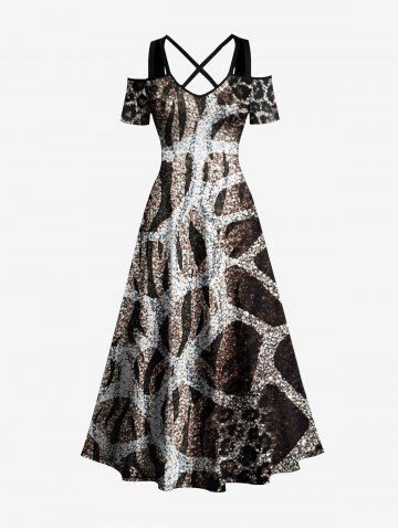 Ombre Leopard Giraffe Textured Print Hawaii Cold Shoulder Crisscross A Line Maxi Dress - DEEP BROWN - 6X