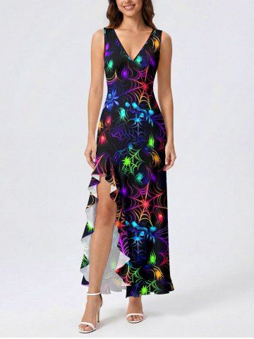 Halloween Colorful Ombre Spider Web Insect Print Ruffles Split Dress