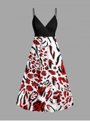 Leopard Print Hawaii Surplice A Line Dress - RED - S