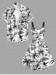 Tropical Leaf Hibiscus Flower Coconut Tree Skulls Print Matching Hawaii Beach Outfit For Couples -  