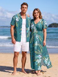 Ensemble hawaïen de plage assorti pour couples à imprimé fleurs, feuilles et branches - Turquoise Foncée 