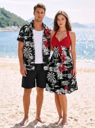 Ensemble hawaïen de plage assorti pour couple avec imprimé tropical de feuilles, fleurs d'hibiscus, ananas et cocotiers - Noir 