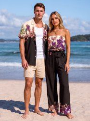 Flower Leaf Print Matching Hawaii Beach Outfit For Couples -  