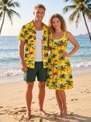 Coconut Tree Print Matching Hawaii Beach Outfit For Couples -  