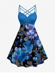 Robe trapèze hawaïenne à imprimé floral et feuillage, à fronces et bretelles croisées - Bleu S