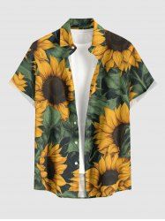 Sunflower Leaf Print Buttons Pocket Hawaii Shirt For Men -  