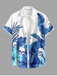 Chemise hawaïenne homme à imprimé crânes, fleurs et feuilles tropicales, boutons et poche - Bleu 6XL