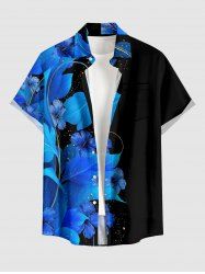 Chemise hawaïenne homme à boutons et poche, motif fleurs et feuilles pailletées en impression 3D - Bleu 6XL