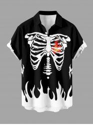 Chemise hawaïenne pour homme Halloween squelette flammes colorblock à boutons et poche - Noir 5XL
