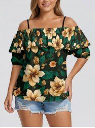 Flower Leaf Print Hawaii Ruffles Cold Shoulder Blouse -  