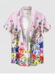 Chemise hawaïenne pour homme à imprimé fleurs, feuilles, papillons et rayures, avec boutons et poche - Rose clair 3XL