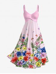 Robe débardeur hawaïenne twist à imprimé fleurs, feuilles, papillons et rayures - Rose clair S