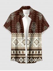 Chemise hawaïenne pour homme à imprimé ethnique fleurs et zigzag, avec boutons et poche - Café profond 6XL