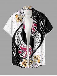 Chemise hawaïenne pour homme, imprimé fleurs léopard colorblock, à boutons et poche - Noir 2XL