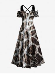 Robe maxi trapèze à épaules dénudées et lanières croisées, imprimé dégradé léopard girafe texturé, style hawaïen - marron foncé XS