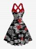 Ensemble hawaïen de plage assorti pour couple avec imprimé tropical de feuilles, fleurs d'hibiscus, ananas et cocotiers - Noir 