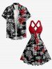 Ensemble hawaïen de plage assorti pour couple avec imprimé tropical de feuilles, fleurs d'hibiscus, ananas et cocotiers - Noir 