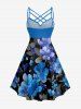 Robe trapèze hawaïenne à imprimé floral et feuillage, à fronces et bretelles croisées - Bleu S