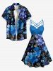 Robe trapèze hawaïenne à imprimé floral et feuillage, à fronces et bretelles croisées - Bleu S