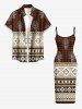 Robe ajustée hawaïenne à imprimé ethnique fleurs et zigzag - Café profond XXS